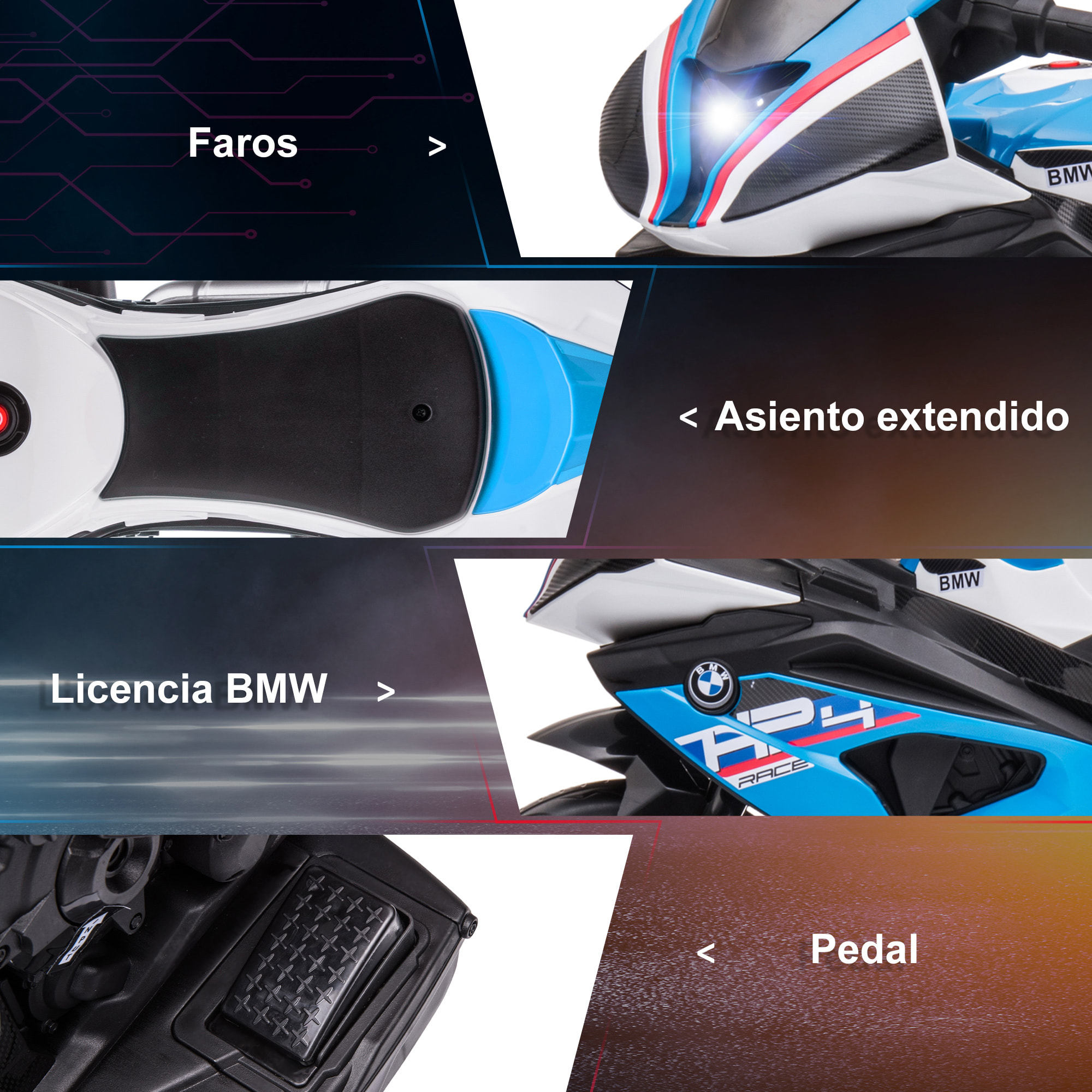 Moto Eléctrica BMW HP4 para Niños de +18 Meses Motocicleta de Batería 6V con Música USB Velocidad 2,5 km/h Avance y Retroceso Carga 30 kg 82,5x42x54 cm Azul