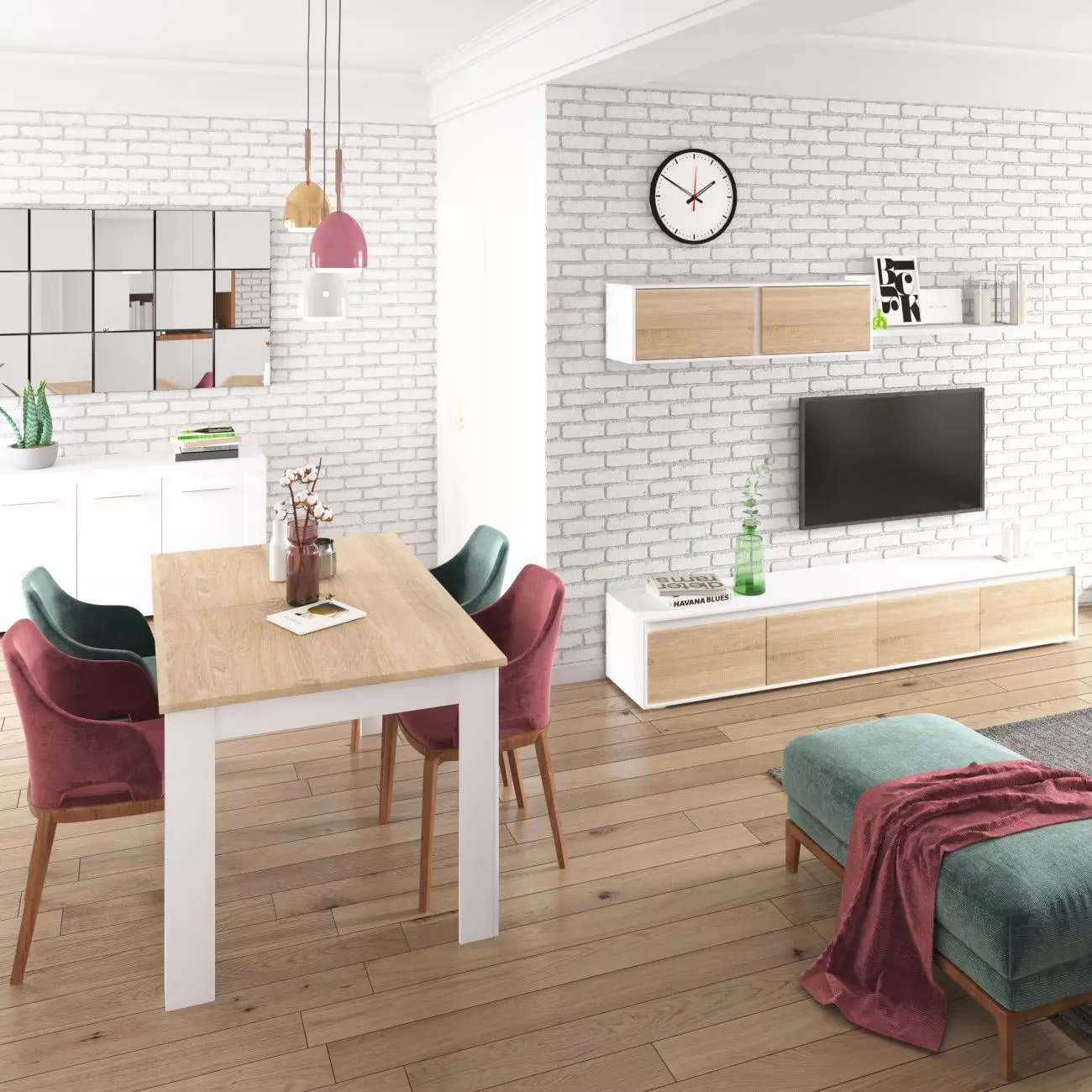 Mesa de comedor extensible blanco mate y roble canadian 140-190x90 cm Danna Blanco Artik (Blanco Mate) - Roble Canadian