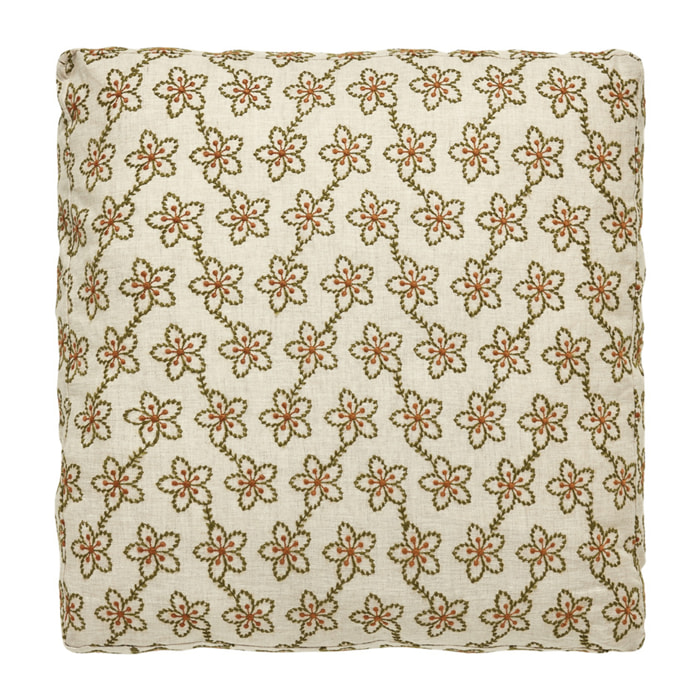 Housse de coussin brodée en lin, Made in France, FLEURS , naturel