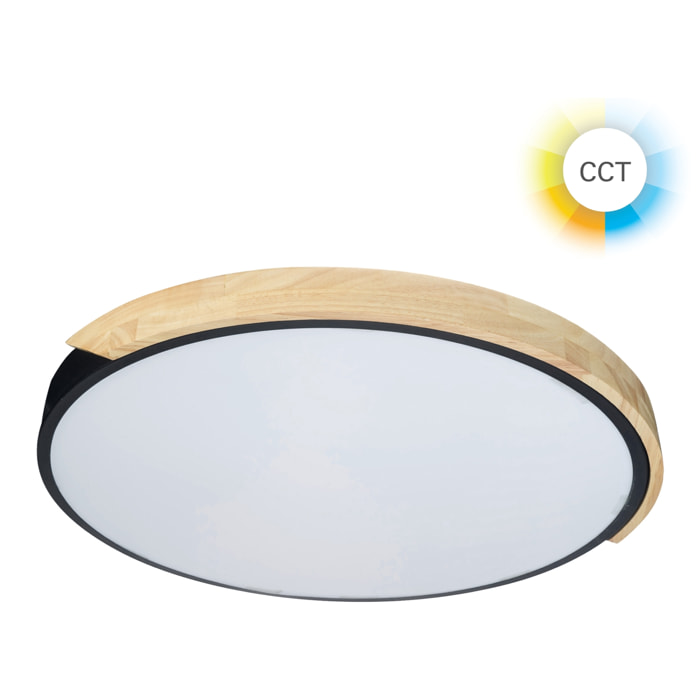 Forlight - Plafón LED Regulable 64W para Interiores, Diseño Moderno en Acero Negro y Madera, Luz Ajustable 3000K-6000K, Diámetro 600mm, Ideal para Techos Bajos y Espacios Amplios