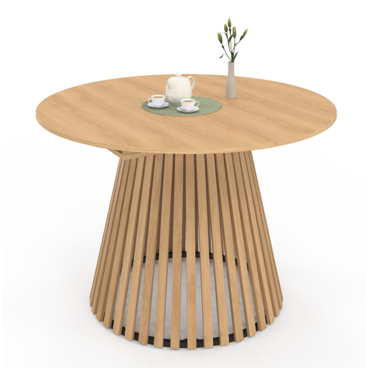 Tables repas Camélia plateau rond extensible 110-150cm et pieds lattes - Bois