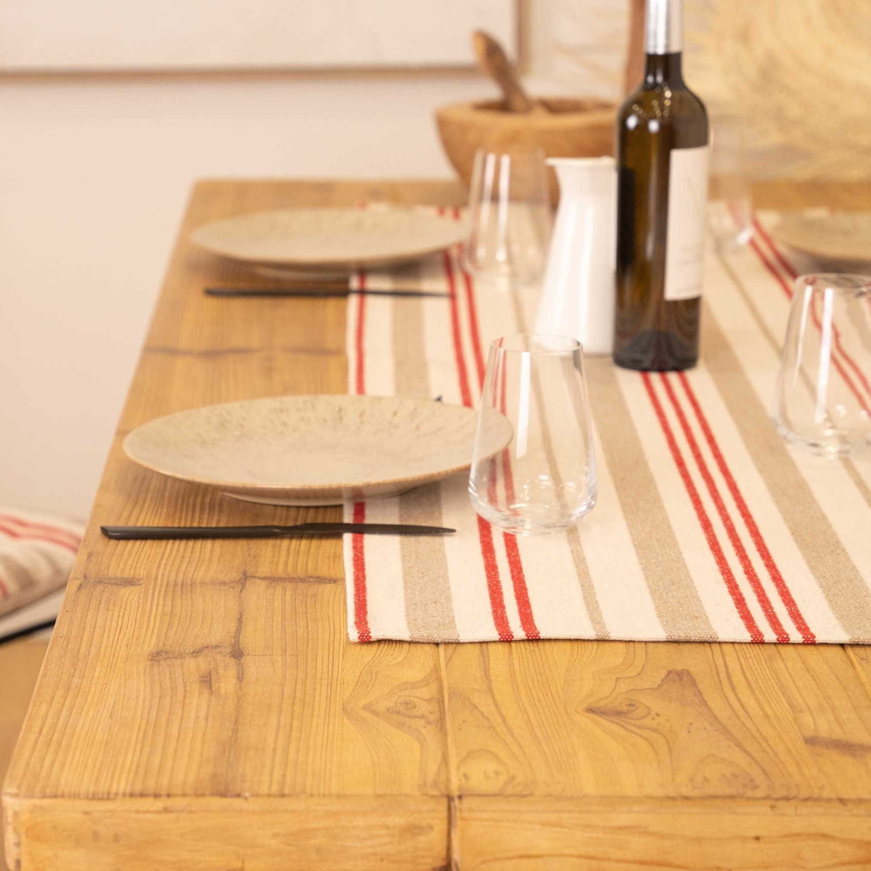 Chemin de table à rayures en coton - Rouge