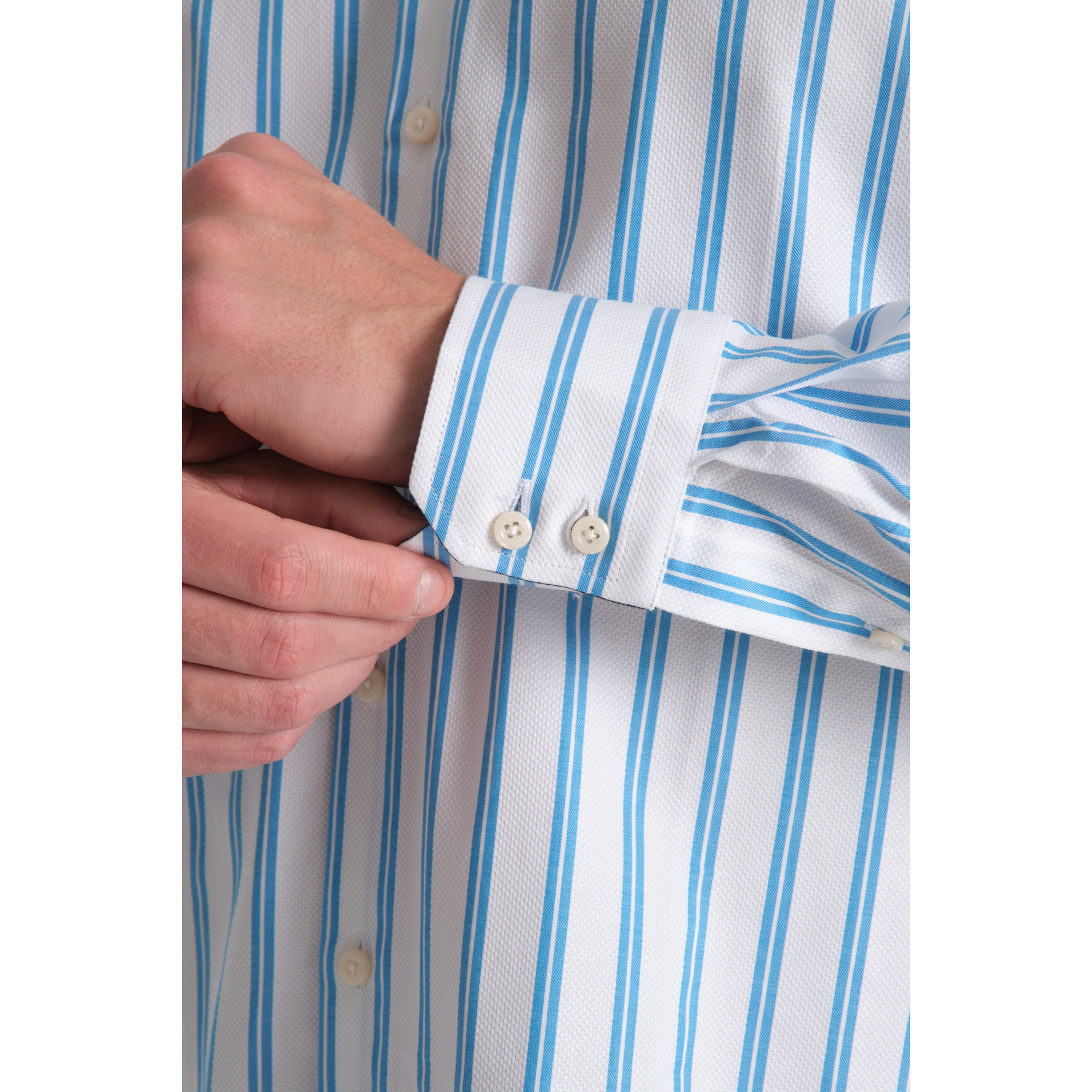 Camicia Uomo 2 Bottoni Button Down Slim Armaturato Riga Larga Bianco e Turchese