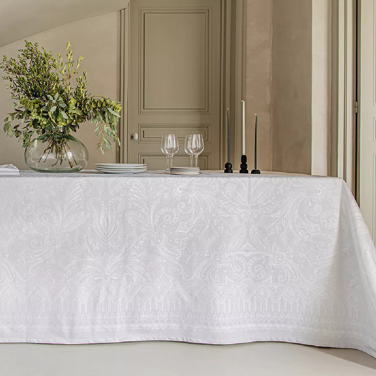 Set pur coton anti tache motif jacquard Grace perle