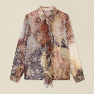 Oltre - Blusa in creponne con stampa floreale e volant - Marrone