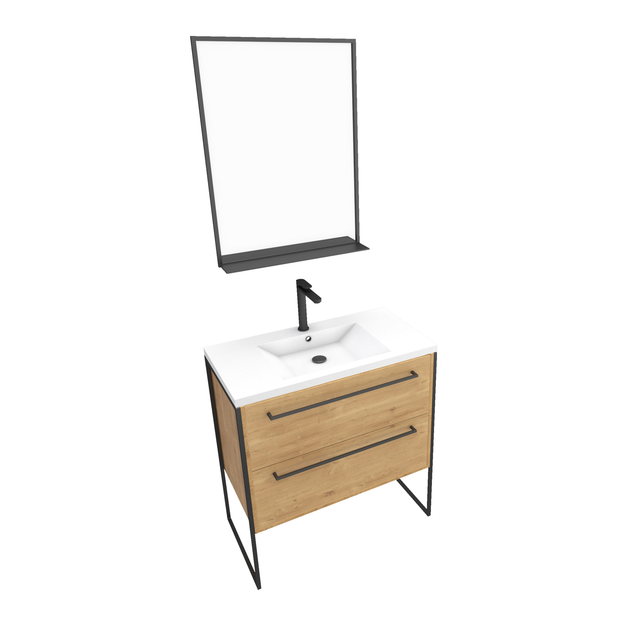 Meuble de salle de bain 80x50cm - vasque blanche - 2 tiroirs finition chêne naturel + miroir