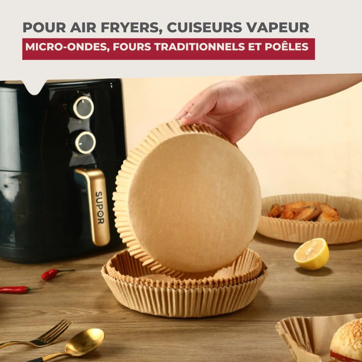 50 Moules en papier air fryer ronds Fackelmann