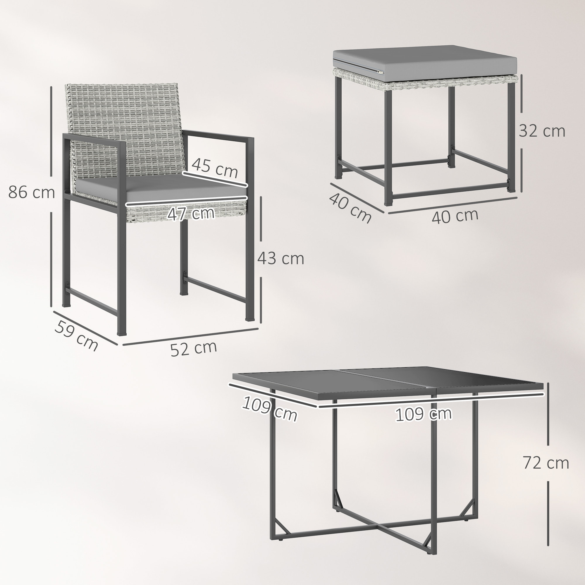 Conjunto de Muebles de Jardín Exterior de Ratán de 9 Piezas Conjunto de Jardin Exterior de Ratán Sintético con Mesa con Vidrio Templado 4 Sillas 4 Taburetes Impermeables Cojines Gris