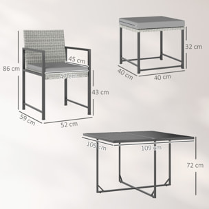 Conjunto de Muebles de Jardín Exterior de Ratán de 9 Piezas Conjunto de Jardin Exterior de Ratán Sintético con Mesa con Vidrio Templado 4 Sillas 4 Taburetes Impermeables Cojines Gris