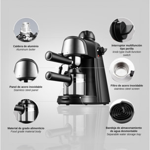 Cafetera espresso de 800 W y 5 bar de presión con capacidad de 240 ml. Incluye jarra de cristal con marcas de medida y varilla de vapor.