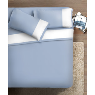 Completo letto bordo RASO IPERSAN Puro Cotone Bianco fondo Azzurro