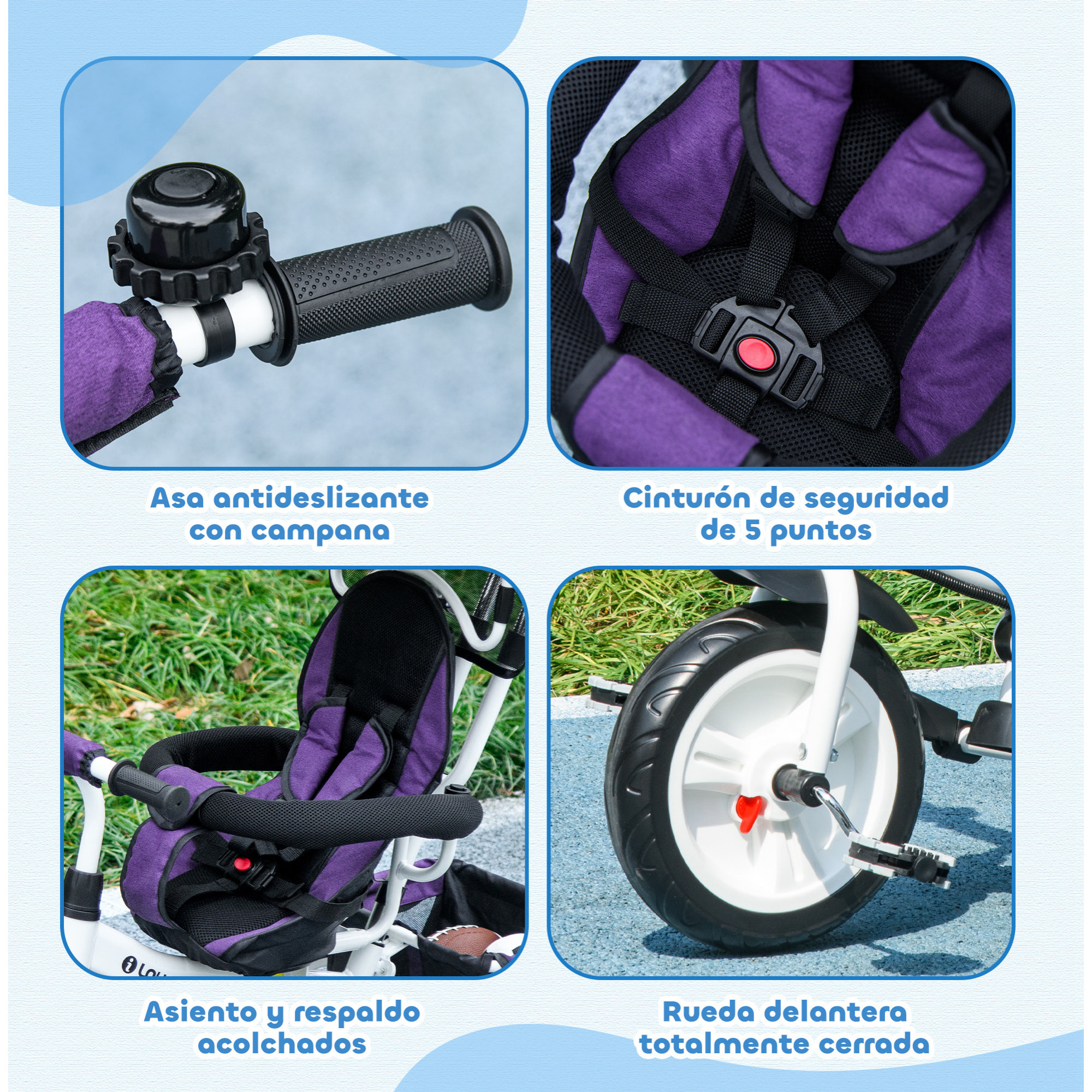 Triciclo Evolutivo para Bebés 6 en 1 Triciclo para Niños de 1-5 Años Bicicleta para Niños con Toldo Plegable Mango Telescópico y Desmontable Cinturón de Seguridad y Cesto 95x50x106 cm Violeta