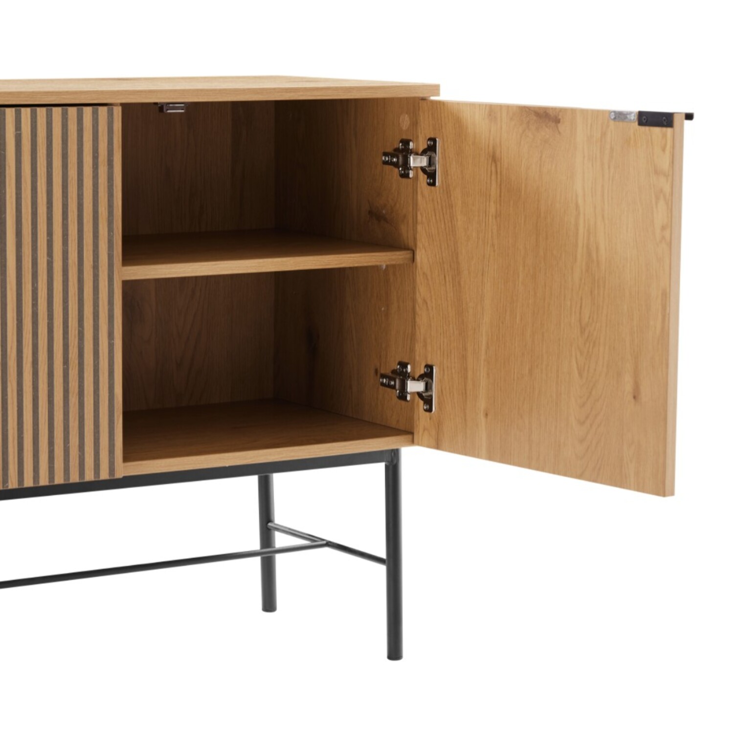 SCOTT - Buffet 4 portes décor effet bois rainuré noir et naturel