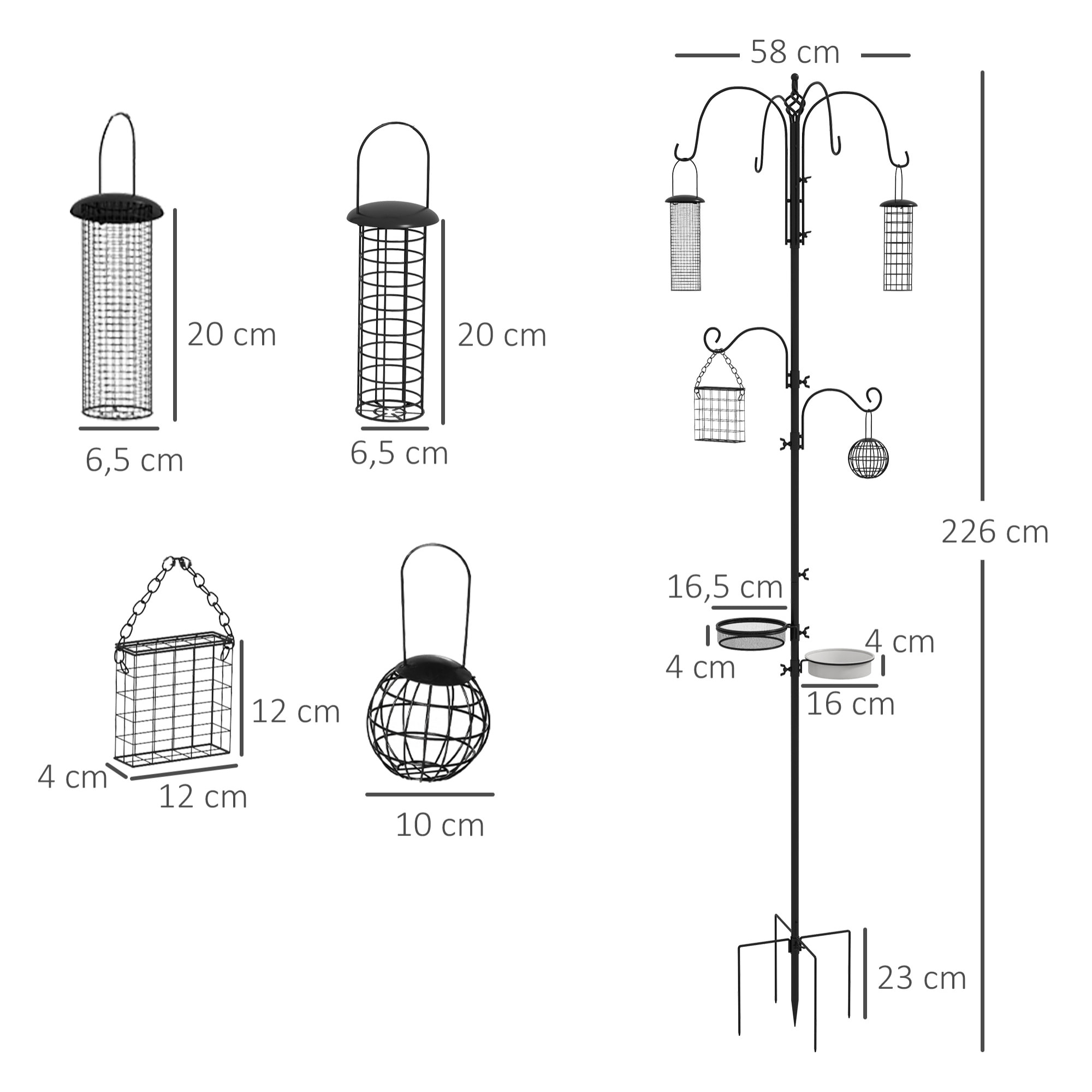 Mangeoire à oiseaux complet H.2,26 m style rustique chic - 6 crochets réglables, 4 mangeoires, plateau d'alimentation, grand bain, 4 piquets d'ancrage au sol - acier époxy aspect fer forgé