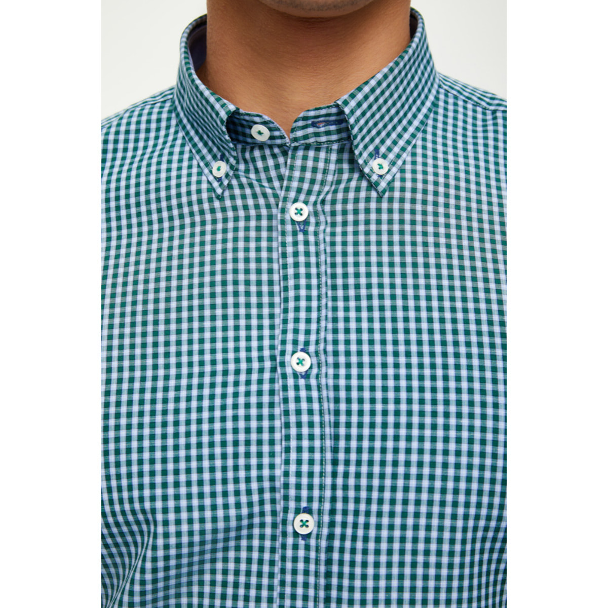 Camicia Uomo 1 Bottone Button Down Manica Corta Slim Cotone Poliestere Quadro Piccolo Celeste e Verde Scuro