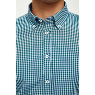 Camicia Uomo 1 Bottone Button Down Manica Corta Slim Cotone Poliestere Quadro Piccolo Celeste e Verde Scuro