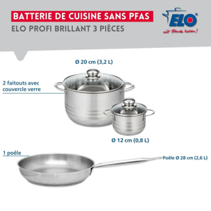 Ensemble de 1 Poêle de cuisson 28 cm et 2 faitouts 12 et 20 cm Elo Profi Brillant