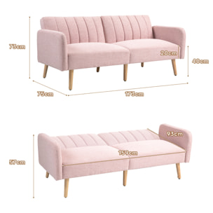 Canapé convertible 2 places design scandinave dossier inclinable 3 positions pieds bois tissu aspect lin rose