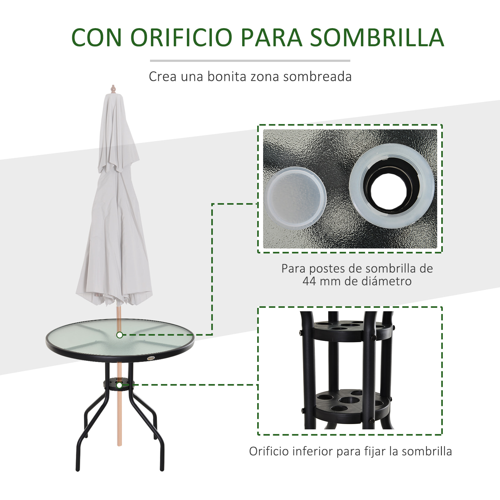 Mesa de Jardín Redonda Mesa Comedor de Cristal Templado con Agujero para Sombrilla y Estructura Metálica para Patio Terraza Balcón Exterior Ø80x72 cm Negro