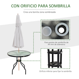 Mesa de Jardín Redonda Mesa Comedor de Cristal Templado con Agujero para Sombrilla y Estructura Metálica para Patio Terraza Balcón Exterior Ø80x72 cm Negro