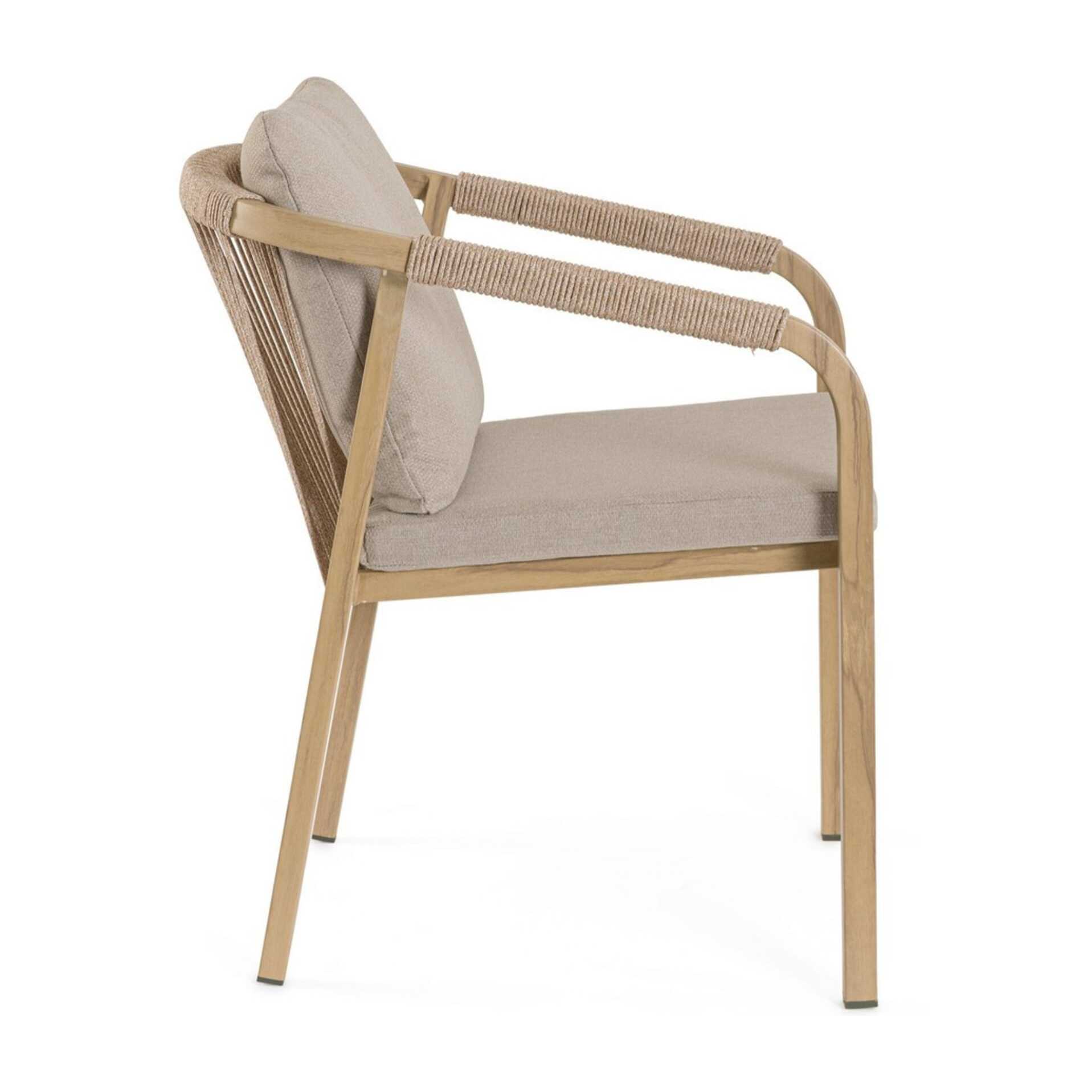 Set 4 sedie da giardino ALVOR con cuscini, intreccio in corda e struttura in alluminio effetto legno