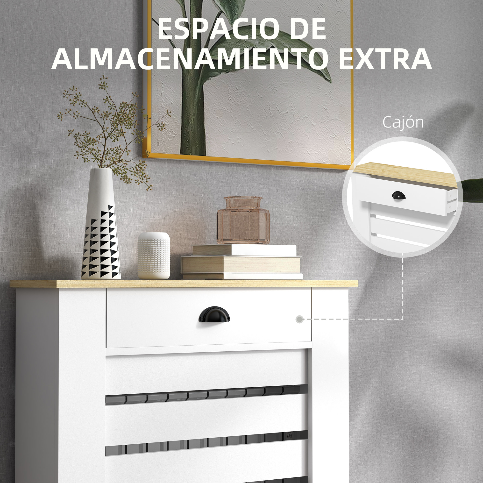 Cubre Radiadores con Cajón, Cubreradiador de MDF, Cubierta para Radiador, Diseño Moderno de Listones, para Salón, Dormitorio, 78x19x95,5 cm, Blanco