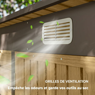 Abri de jardin 3 m² tôle d'acier 2 portes verrouillables 2 évents toit incliné effet bois clair marron