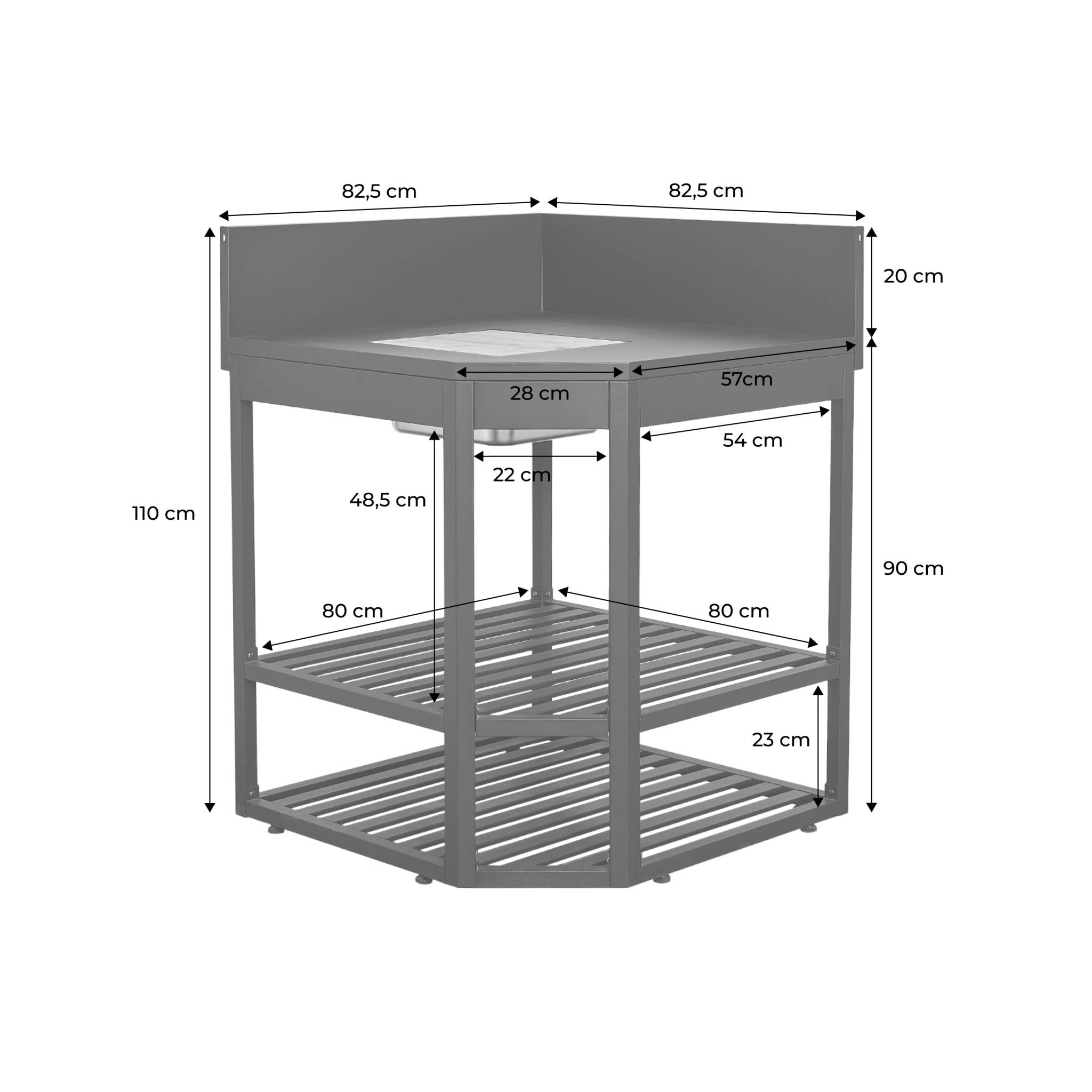 Module d'angle cuisine extérieure acier avec bac à glaçons et planche en bois L80cm THIRA
