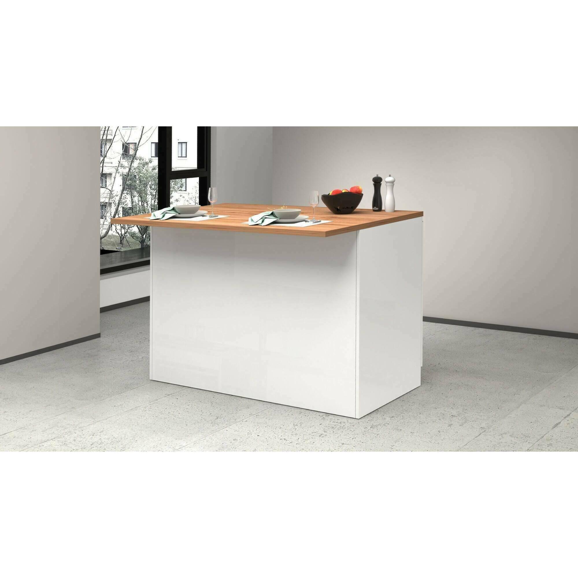 Isola da cucina Daffaticat, Tavolo ausiliario portaoggetti, Mobile da cucina a 2 ante, 100% Made in Italy, 125x90h90 cm, Bianco lucido e Rovere