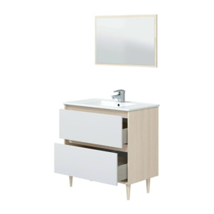 Mobile sottolavabo Berillo, Sotto lavabo bagno, Mobiletto da bagno con specchio, Lavabo non incluso, 80x45h80 cm, Bianco lucido e Rovere