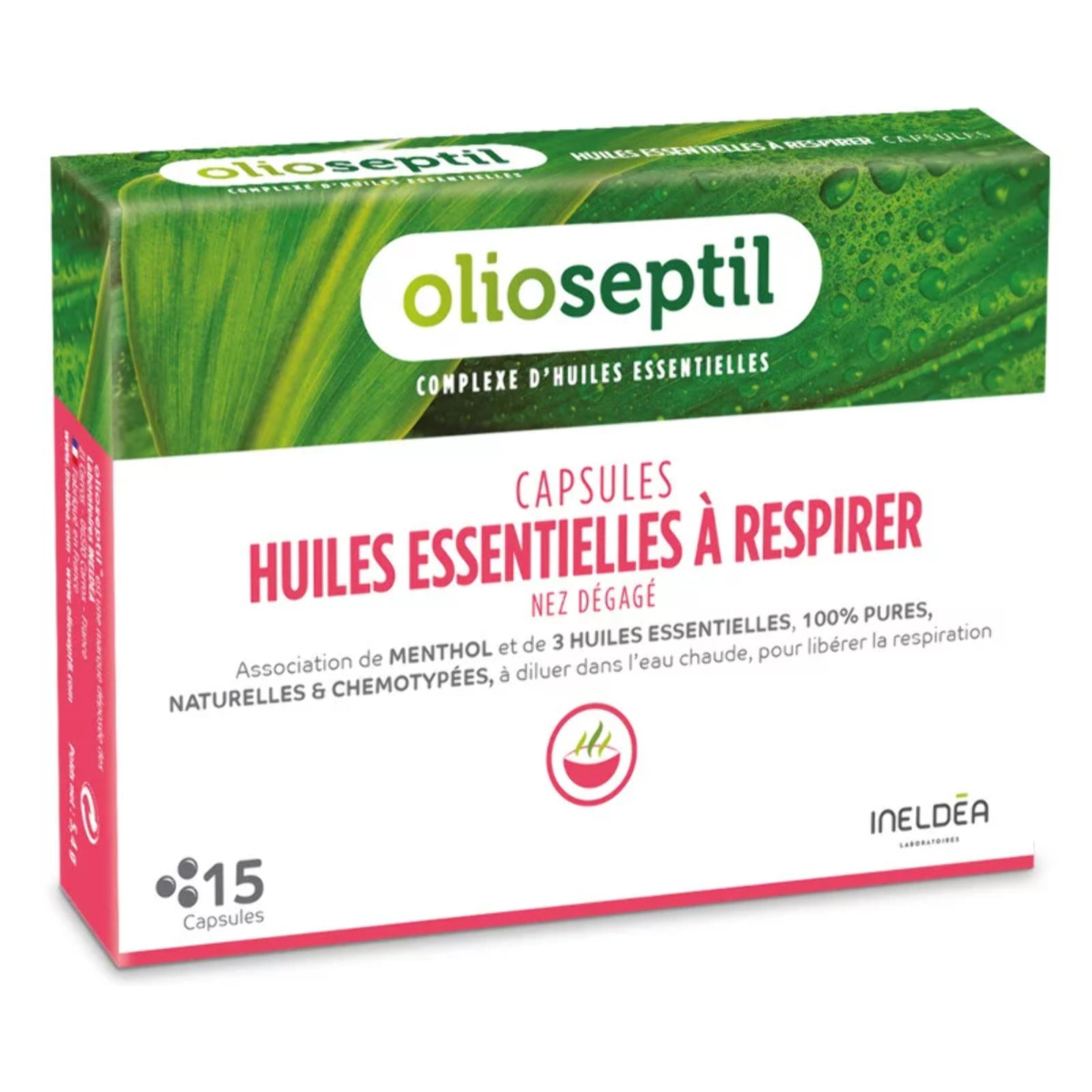 OLIOSEPTIL® - Capsules huiles essentielles à respirer - Pour inhalation - Association de menthol et d'huiles essentielles 100% pures naturelles et chemotypées - Sans alcool -15 capsules