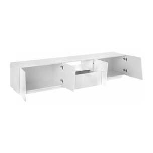 Mobile da soggiorno Porta TV, Made in Italy, Supporto per TV da salotto a 4 ante e 1 cassetto, cm 220x43h46, colore Bianco lucido