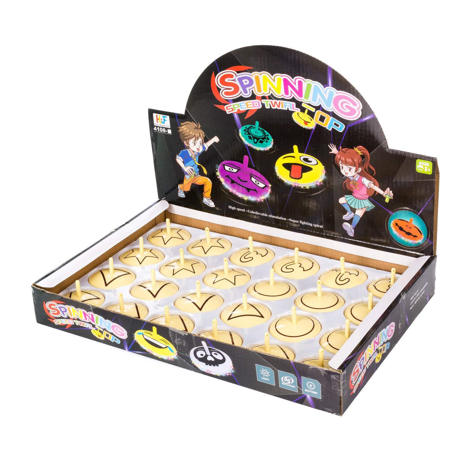 Expositor 24uds. Spinning Speed Twirl Top Squid con luces led. Diseños galletas.