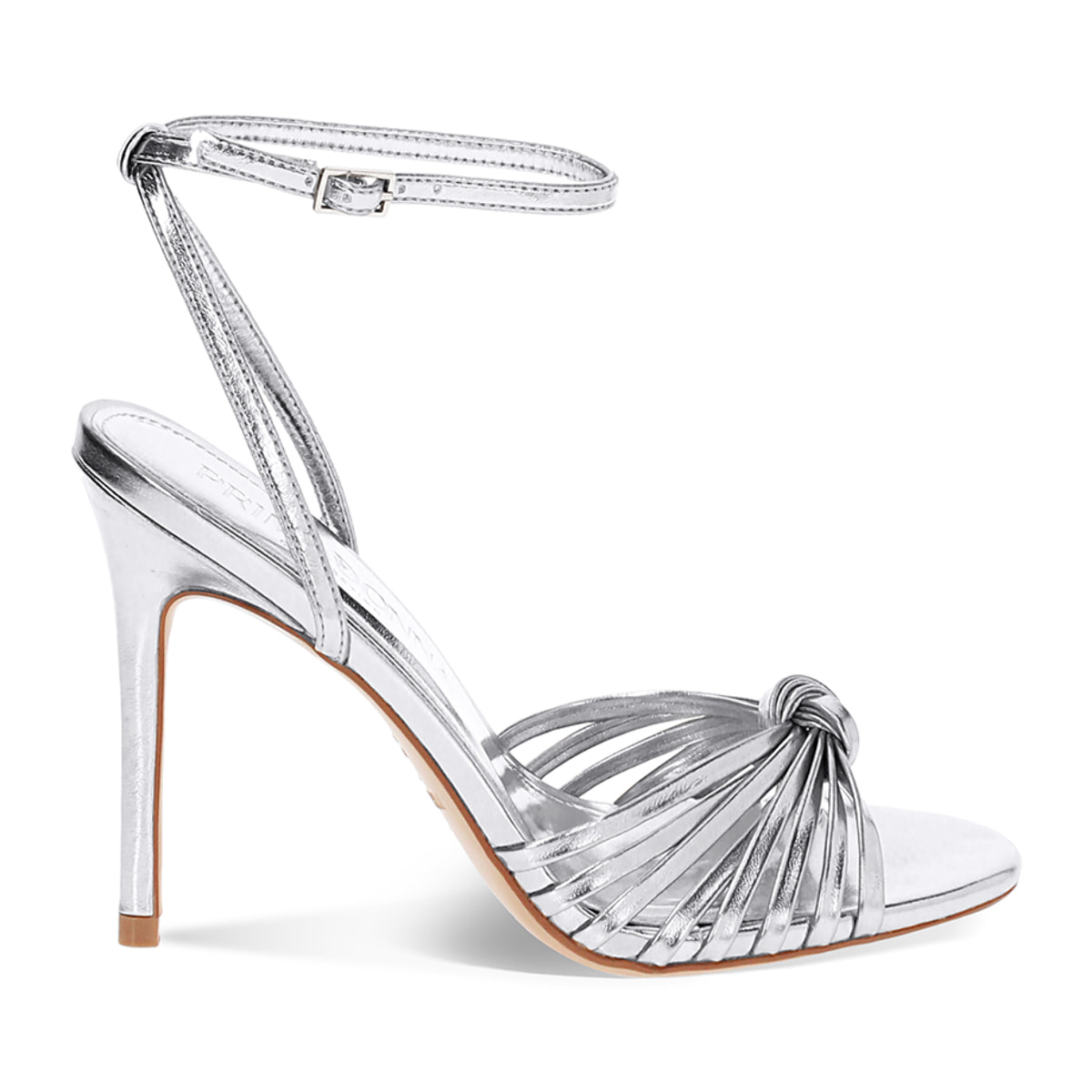 Sandalo donna argentato con nodo, tacco 10,5 cm