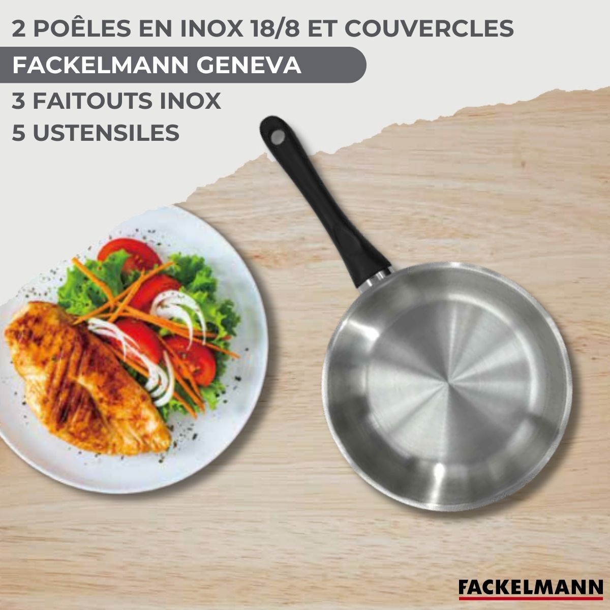 Set de 2 poêles inox, couvercle verre, 3 faitouts inox et 6 ustensiles inox Fackelmann Geneva