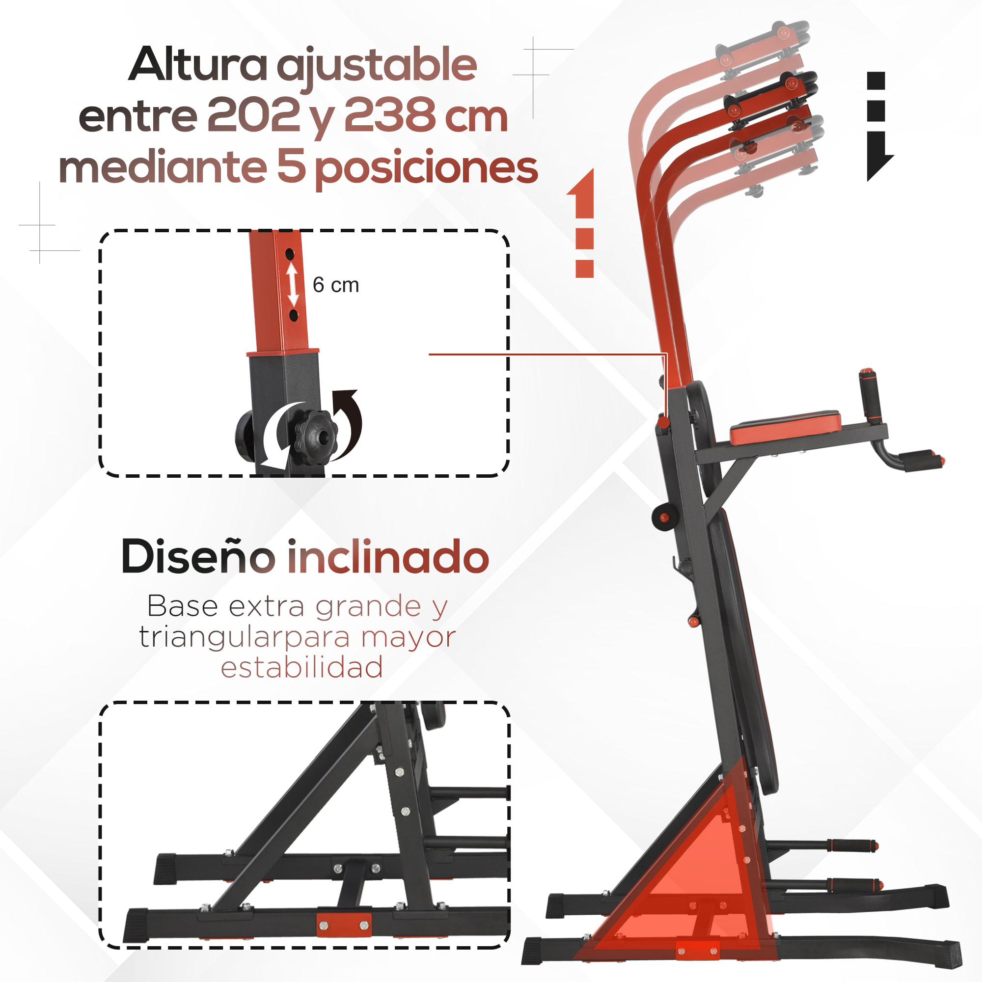Estación de Musculación Torre de Entrenamiento con Altura Ajustable y Respaldo Regulable en 5 Posiciones Barra de Dominadas Fitness Flexiones Acero 108x178x202-238 cm Negro