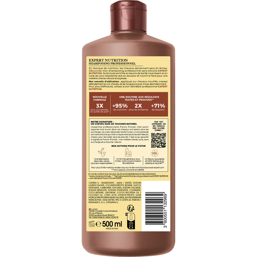 Lot de 6 - Franck Provost Expert Nutrition Shampooing Professionnel Sans Silicone Cheveux Secs et Rêches 500ml