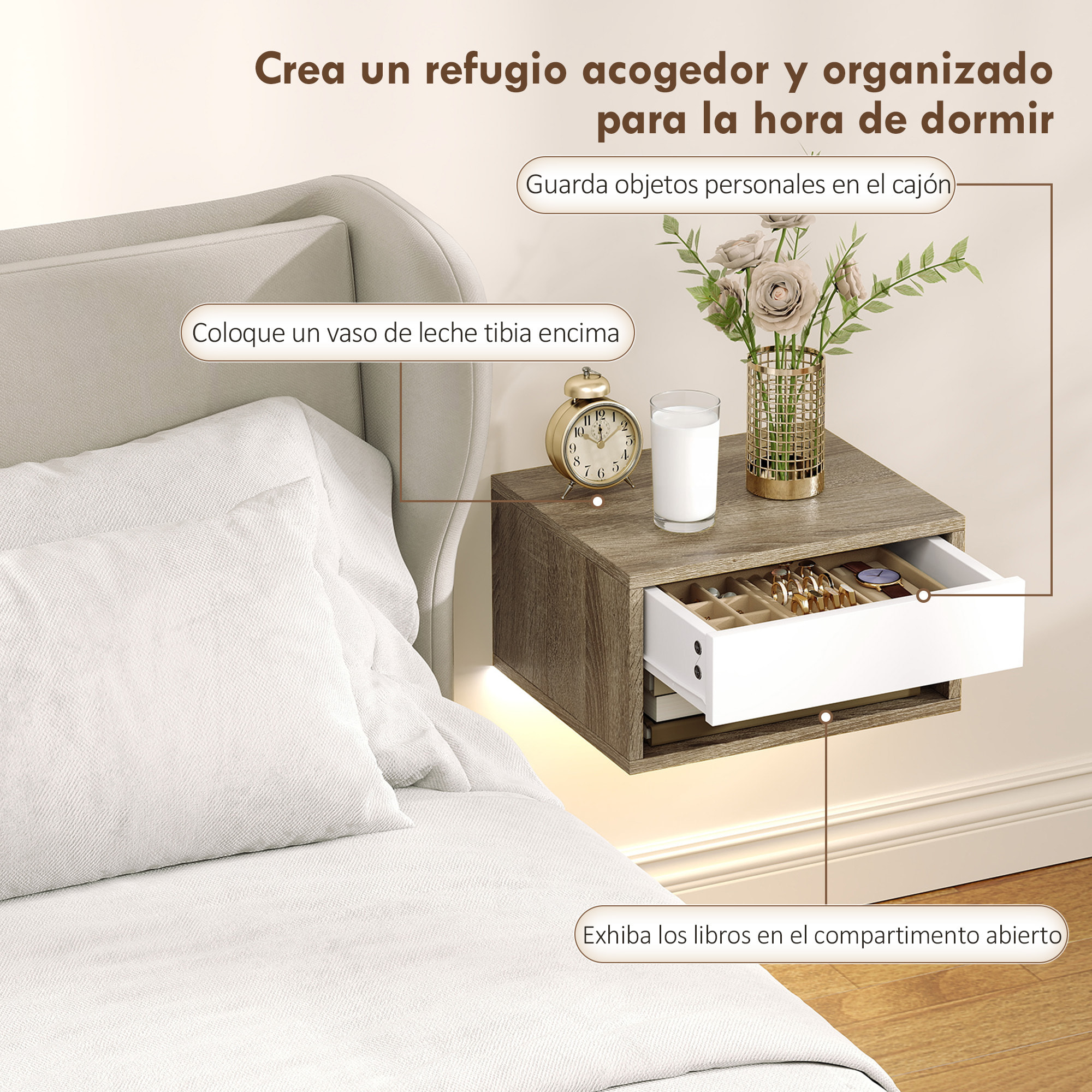 Juego de 2 Mesitas de Noche Flotantes con Luces LED RGB Control de APP, Mesillas de Noche Dormitorio con Cajón, Estante Abierto, para Sala de Estar, 37x32x21 cm, Natural y Blanco