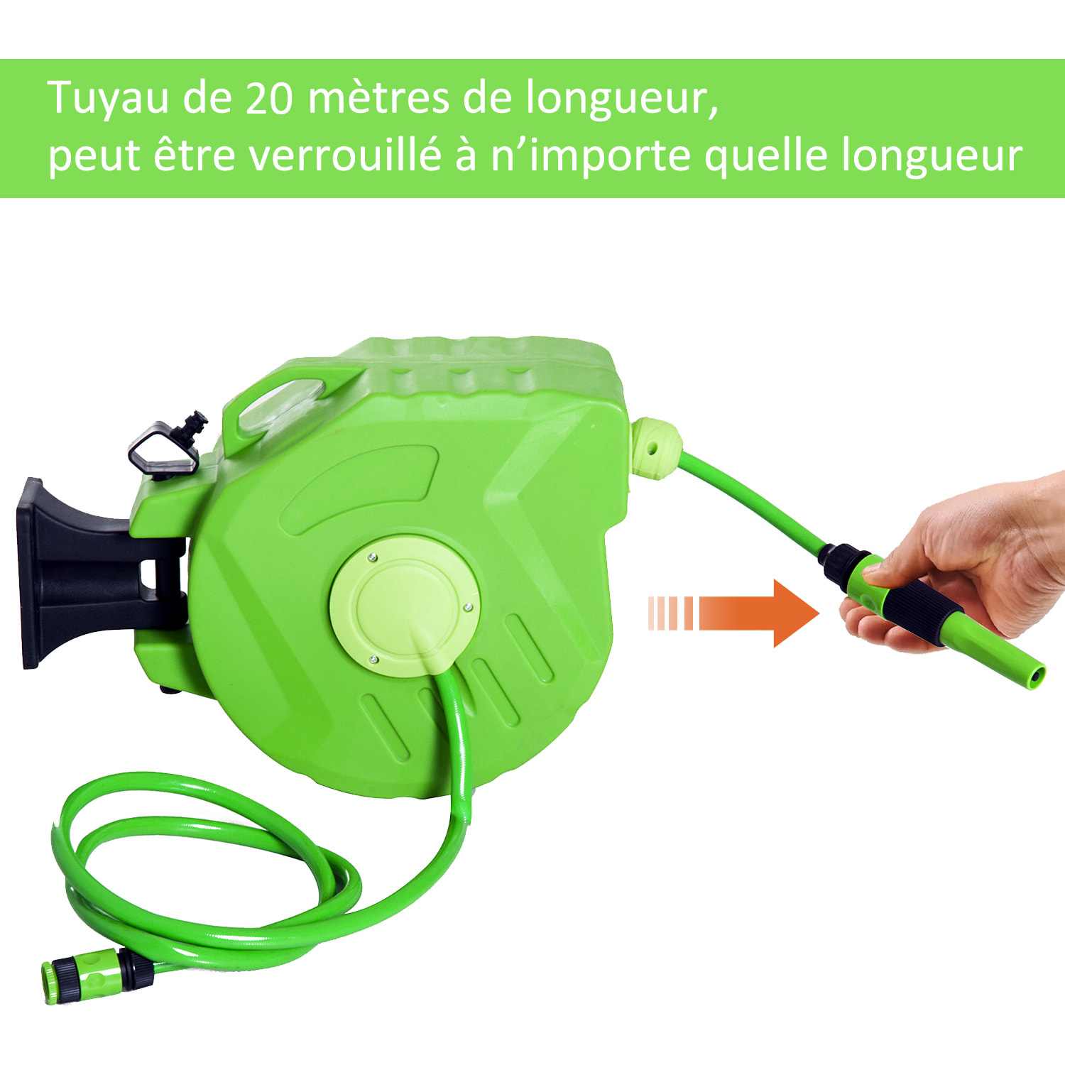 Dévidoir mural enrouleur automatique pivotant 180° tuyau 20 + 2 m avec lance arrosage support mural intégré vert