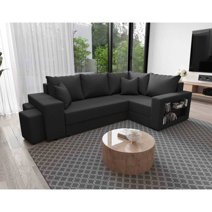Libbie - Canapé d'angle droit 4 places convertible avec coffre, étagère et poufs en tissu - Gris Anthracite
