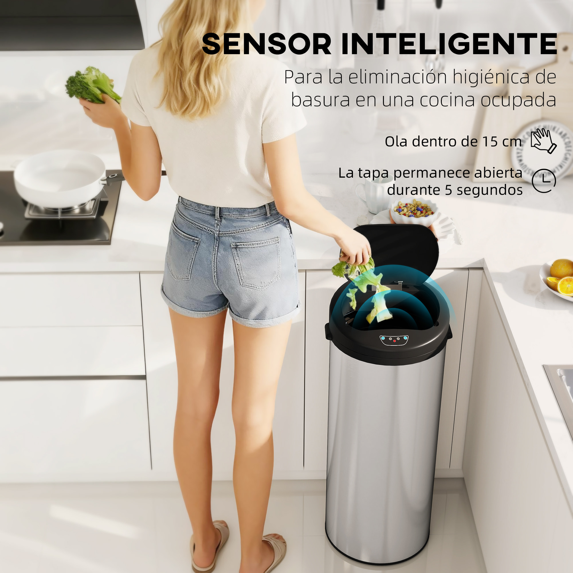 Cubo de Basura Cocina Automático 55 L, Papelera de Cocina de Acero Inoxidable con Sensor Infrarrojo, Cierre Suave y Anillo, Antihuellas, para Dormitorio, Oficina y Hogar, Plateado
