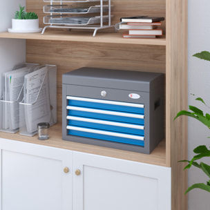 DURHAND Caja de Herramientas Metálica Maletín de Herramientas con 4 Cajones Bandeja Superior Cerradura y Asas Laterales Carga 20 kg 45x24,5x32,5 cm Gris y Azul