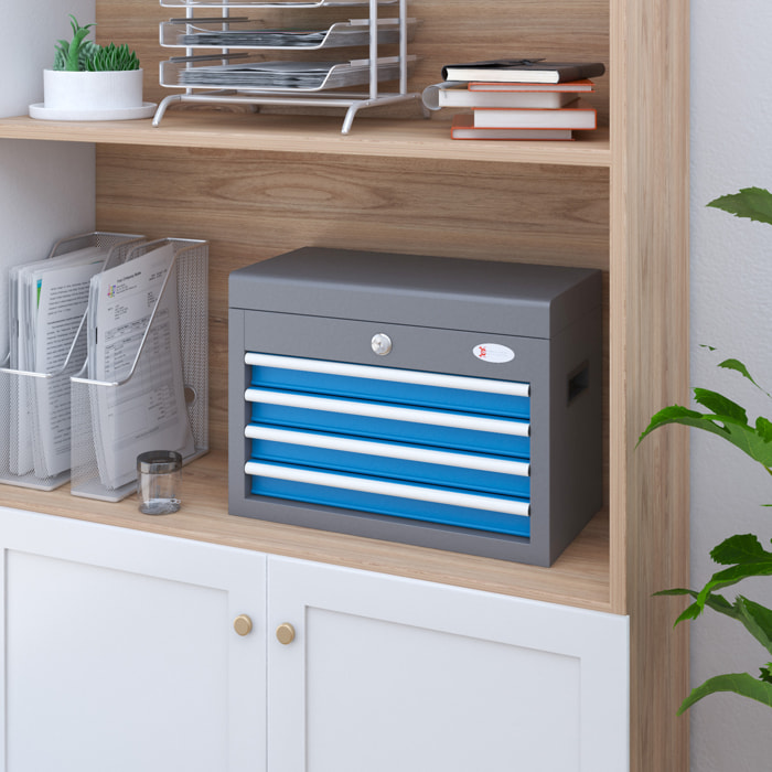 DURHAND Caja de Herramientas Metálica Maletín de Herramientas con 4 Cajones Bandeja Superior Cerradura y Asas Laterales Carga 20 kg 45x24,5x32,5 cm Gris y Azul