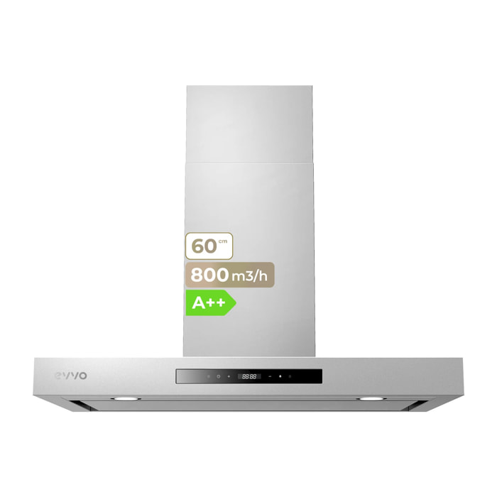 EVVO Campana Extractora 60 cm Ancho Decorativa, Acabado Inox, Potencia 800 m³/h, Filtros de Aluminio y Carbón Activo, Control Táctil y Gestual, Eficiencia Energética A++, CE32 Inox