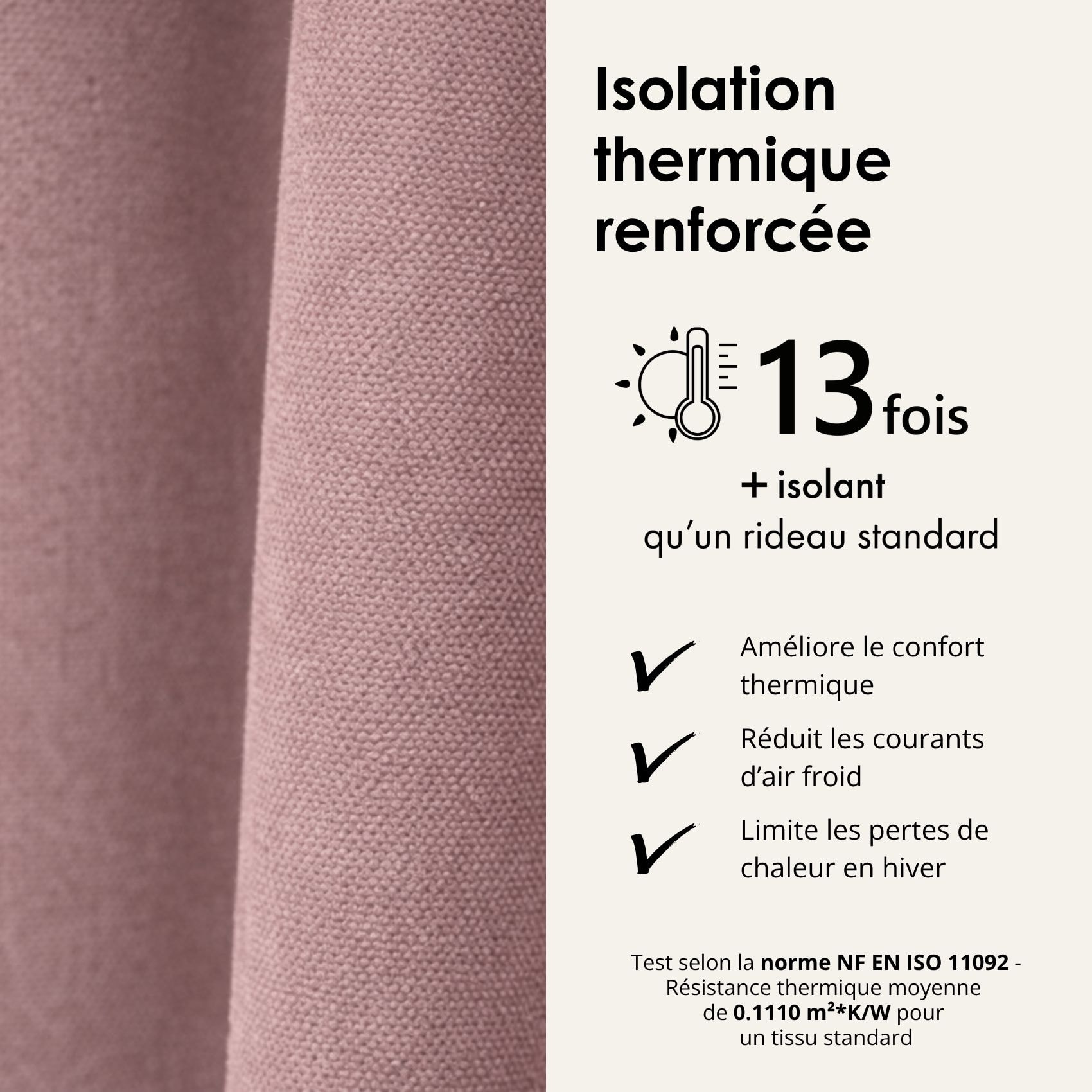 Rideau thermique phonique et semi occultant à galons fronceurs KONFOR - Rose