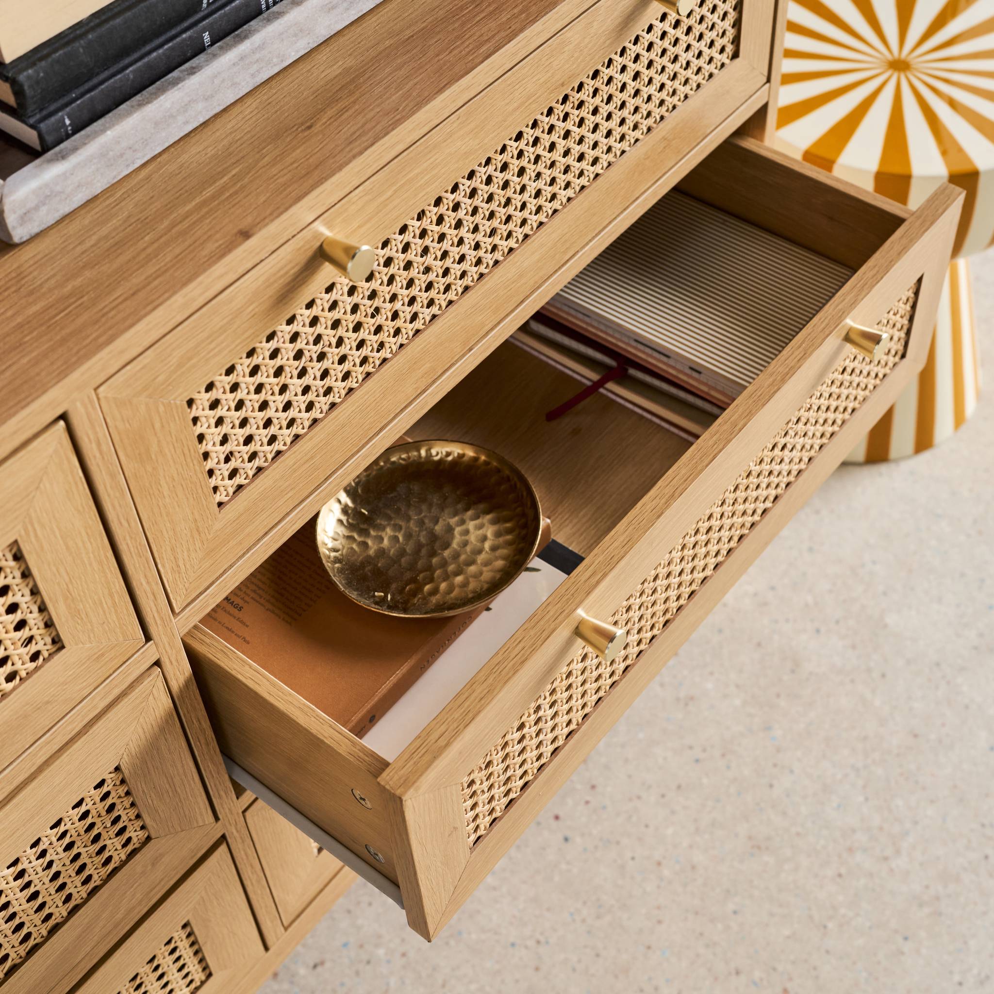 Commode décor bois et cannage 6 tiroirs JUDITH