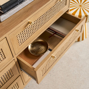 Commode décor bois et cannage 6 tiroirs JUDITH