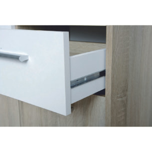 Credenza a tre ante e due cassetti, colore bianco e rovere, Misure 77 x 77 x 30 cm