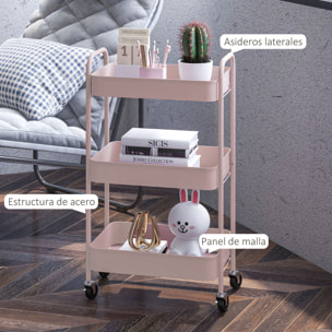 HOMCOM Carrito Auxiliar con Ruedas Carrito de Almacenamiento con 3 Cestas y Marco de Acero para Salón Dormitorio Oficina Cocina 45x30,6x79 cm Rosa
