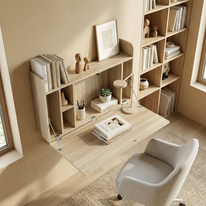 Bureau mural pliable - table murale rabattable - 5 niches, étagère - effet bois clair